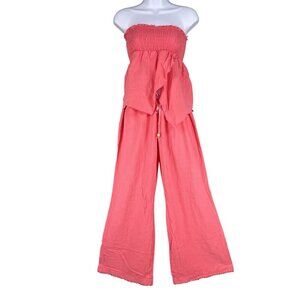 Oh My Gauze Women M Coral Smocked Strapless Top Wide Leg Pant Two Piece Set Boho